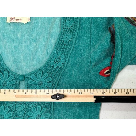 Aryeh Womens Sweater Dress Medium (XS) Teal Green Floral Butterflies Boho Lace - Picture 9 of 9